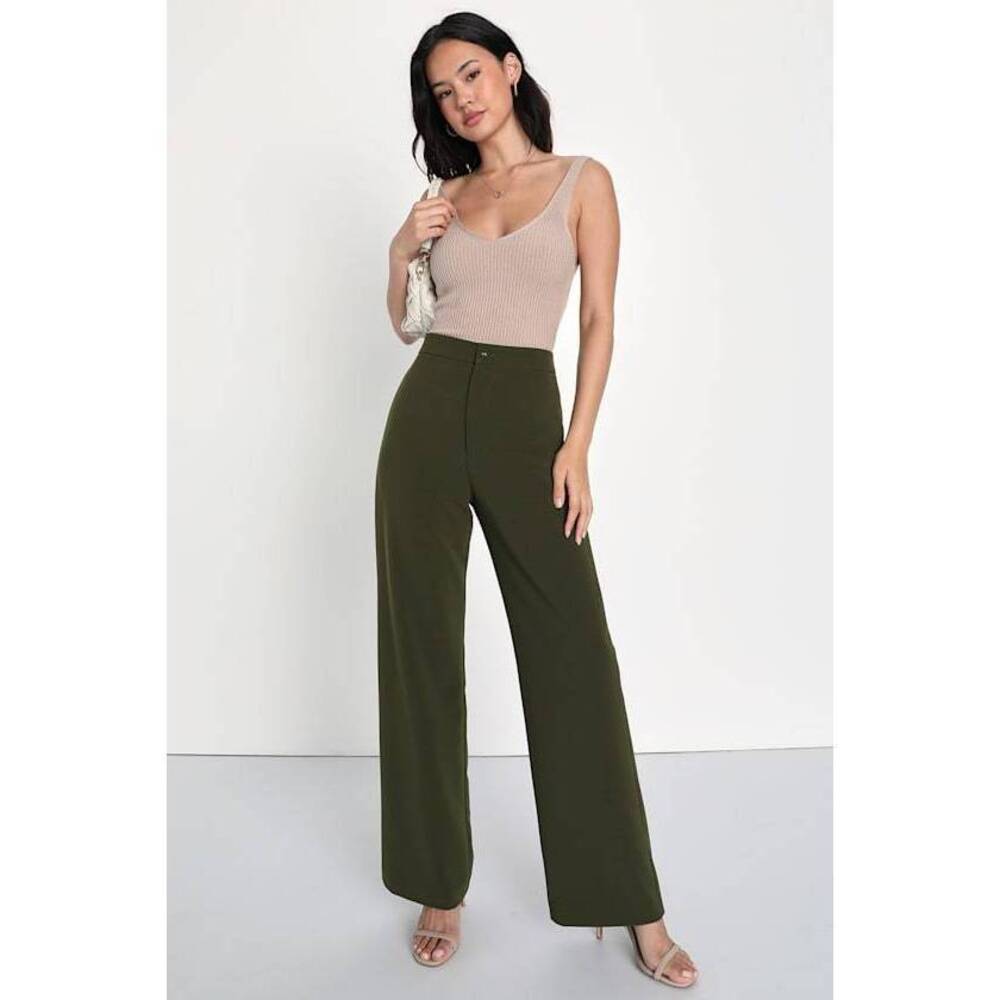 Lulus A Power Mood Olive Green High-waisted Wide Leg Trouser Pants - Size S